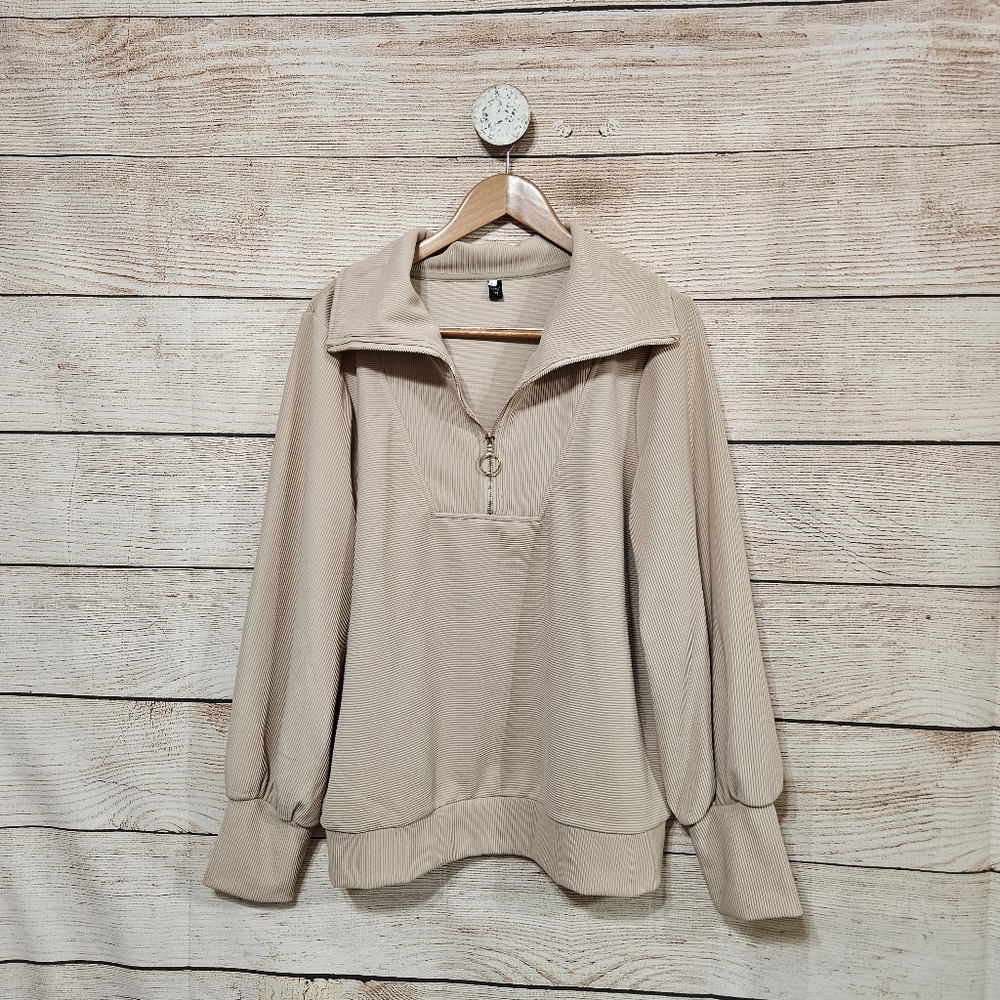 Quarter Zip Ribbed Pullover Top Beige Tan Large - Picture 8 of 13